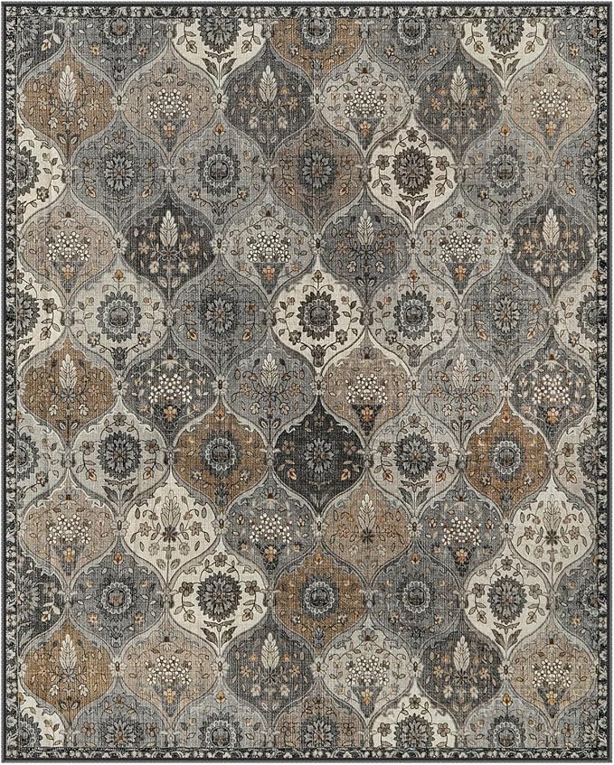 Lahome Moroccan Trellis 9x12 Rug for Living Room, Soft 9x12 Area Rug for Bedroom Dining Room, Ultra-Thin Non-Slip Non Shedding Distressed Throw Large Carpet for Office, Grey