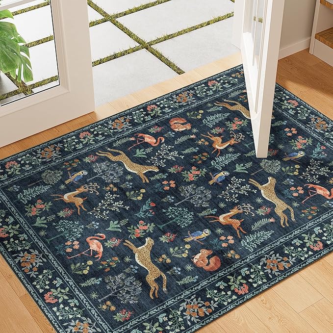 DUKINO 2x3 Rug, Washable Animal Rugs for Entryway, Non Slip Indoor Door Mat, Soft Low Pile Small Area Carpet for Entrance, Bedroom, Kitchen, Laundry, Bathroom, Navy Blue