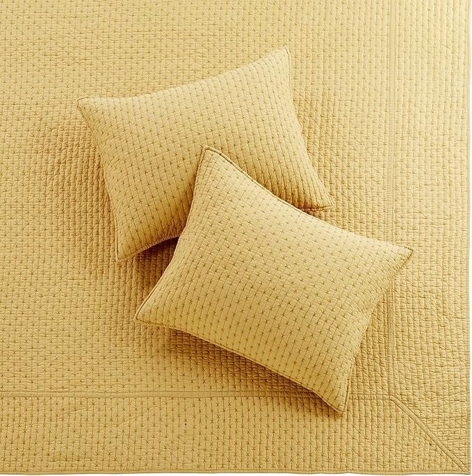 Levtex Home Cross Stitch Reversible Queen Bedspread Set (104x106in) with 2 Pillow Shams (26x20in) - Stitch Texture - Ochre - Cotton Queen Size Bedspread Set - Lightweight, Soft, Pre-Washed