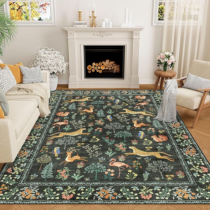 DUKINO 6x9 Rug, Washable Animal Living Room Rug with Non Slip Vintage Design, Soft Low Pile Large Carpet for Bedroom, Nursery, Dining Room, Farmhouse, Playroom, Black