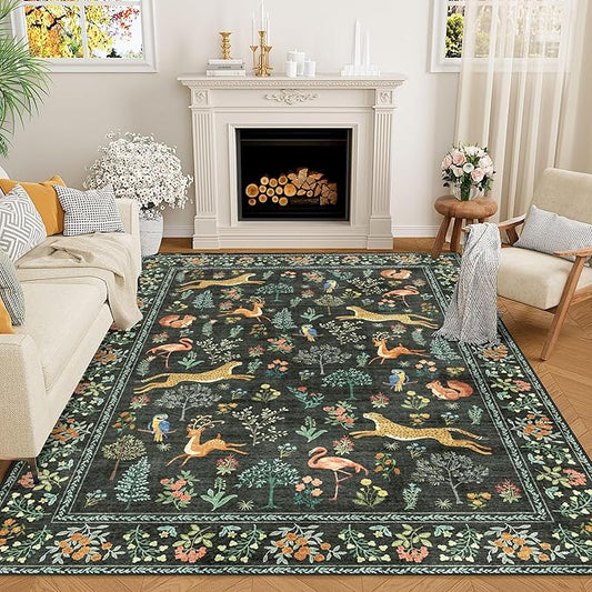 DUKINO 6x9 Rug, Washable Animal Living Room Rug with Non Slip Vintage Design, Soft Low Pile Large Carpet for Bedroom, Nursery, Dining Room, Farmhouse, Playroom, Black