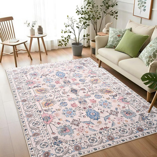 Vasofe 4x6 Rug for Bedroom, Washable Living Room Rugs for Dining Room, Cream Indoor Floor Mat, Vintage Floral Mats for Home Decor, Farmhouse, Laundry Room, Non Slip Low Pile Soft Modern Carpet