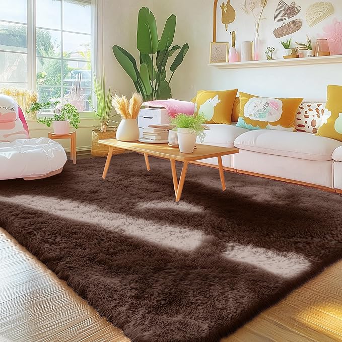 OLANLY Area Rugs for Living Room Bedroom, Machine Washable 4x5.9 ft Soft Fluffy Shaggy Bedside Rug, Indoor Floor Carpet for Kids Girls and Boys, Dorms, Nursery Rooms, Home Decor Aesthetic, Coffee