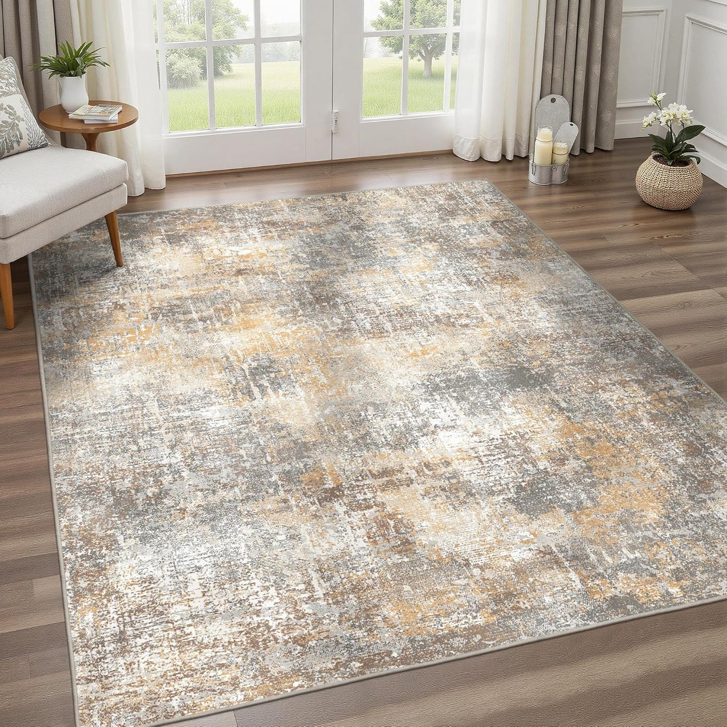 Area Rugs 9x12 for Living Room Bedroom, Modern Abstract Machine Washable Rug, Large Soft Low Pile Floor Cover with Non Slip Backing for Dining Room, Warm Beige Mist