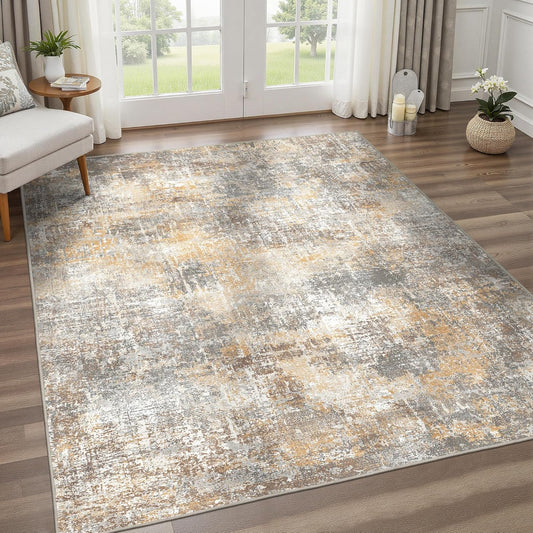 Area Rugs 6x9 for Living Room Bedroom, Modern Abstract Machine Washable Rug, Large Soft Low Pile Floor Cover with Non Slip Backing for Dining Room, Warm Beige Mist