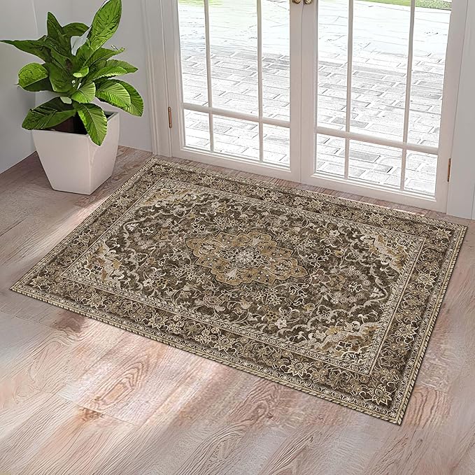 Washable Entryway Rug 3x5 | Non Slip Rug Runners for Hallways, Entryways, Kitchens, Bathrooms, Bedrooms | Ultra-Soft Flannel Carpet Kitchen Rug with Rubber Backing (Dark Sage, 3x5)
