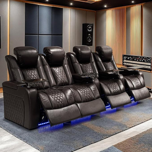 Home Theater Seating, Living Room, Heat & Massage, Powered Headrest, Powered Lumbar, Italian Leather, Powered Recline, Single Recliner (Black, Row of 4 Loveseat Left)