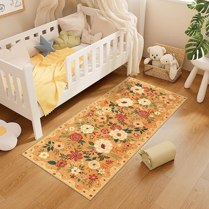 DUKINO 2x5 Runner Rug for Hallway, Washable Kitchen Floral Runner Rug with Non Slip Backing, Low Pile Soft Boho Carpet for Kitchen, Hallway, Entryway, Laundry, Bedroom, Orange