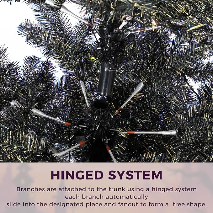 GarveeHome 6Ft Prelit Black Christmas Tree with Lights Halloween Tree Slim Artificial Halloween Christmas Tree Artificial Pencil Tree Automatic Branches for Home, Office, Party Decoration