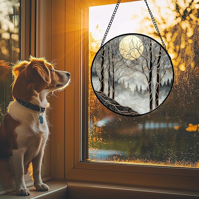 Stained Glass Window Hanging - Black and White Gold Moon Forest Sun Catcher for Door Home Decor Suncatcher Christmas Mother's Day Birthday Gifts for Women Men Lovers Mom Nana 9.8 in