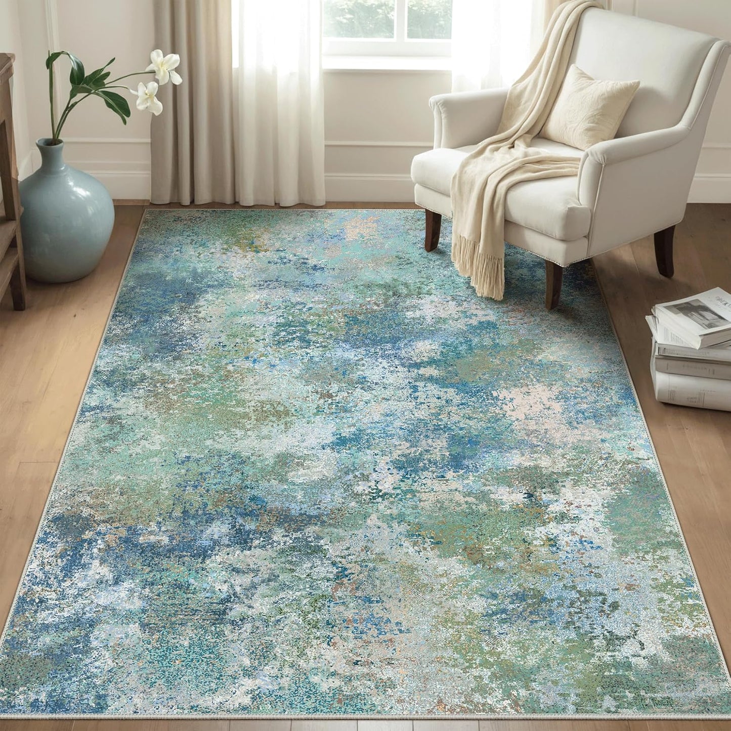 Area Rugs 9x12 Machine Washable Area Rug for Bedroom Living Room Dining Room, Large Modern Abstract Soft Rugs, Indoor Low Pile Carpet with Non Slip Rubber Backing, Abstract Blue Green