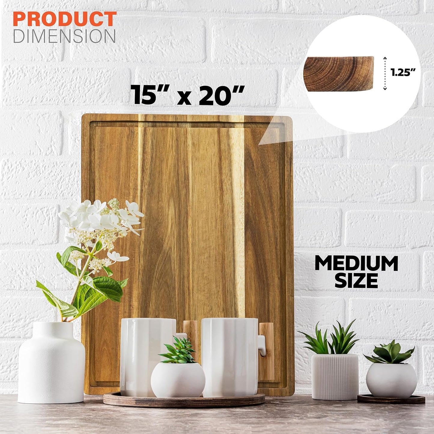 HOMESTEAD Edge Grain Acacia Wood Cutting Boards 20x15x1.25 – Butcher Block Chopping Board with Sorting Compartment, Juice Grooves & Handles – Non-Toxic Kitchen Board for Food Prep, Home Decor