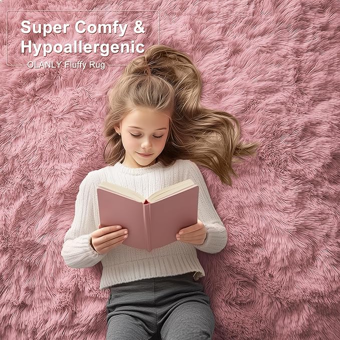 OLANLY Area Rugs for Living Room Bedroom, Machine Washable 4x5.9 ft Soft Fluffy Shaggy Bedside Rug, Indoor Floor Carpet for Kids Girls and Boys, Dorms, Nursery Rooms, Home Decor Aesthetic, Pale Pink
