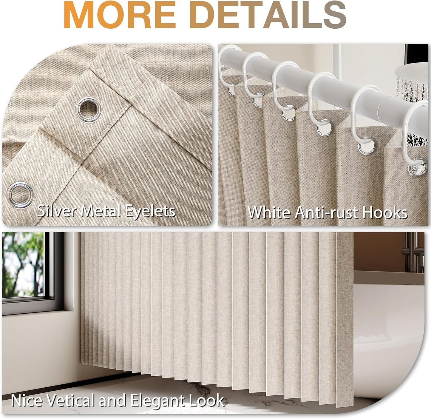 Jubilantex Folding Linen Shower Curtain for Bathroom Khaki Waterproof Shower Curtain 1 Panel with 14 Metal Grommets and 1 Tie Back for Hotel,70"x70"