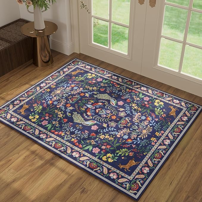 Round Rug 4ft Washable Circle Rug Floral Non Slip Low Pile Small Circular Rug for Bedroom, Bathroom, Entryway, Kids Room, Office(Blue)