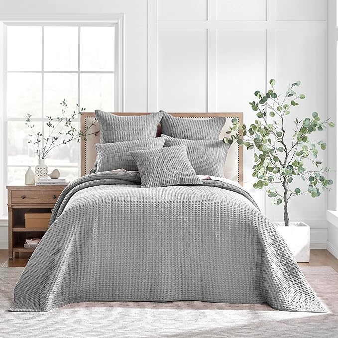 Levtex Home Mills Waffle Queen Bedspread Set (106x106in) with 2 Pillow Shams (26x20in) - Grey - Cotton Waffle Queen Size Bedspread Set - Lightweight, Soft, Pre-Washed