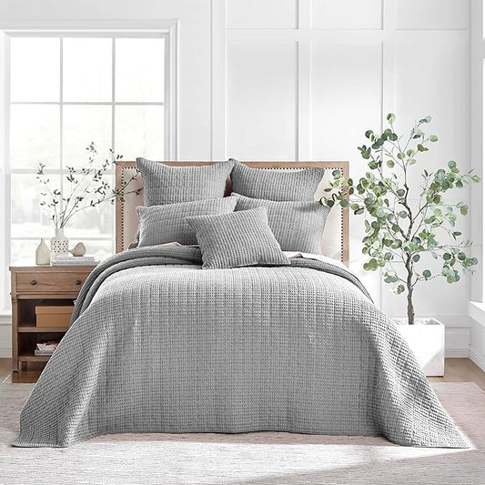 Levtex Home Mills Waffle Queen Bedspread Set (106x106in) with 2 Pillow Shams (26x20in) - Grey - Cotton Waffle Queen Size Bedspread Set - Lightweight, Soft, Pre-Washed