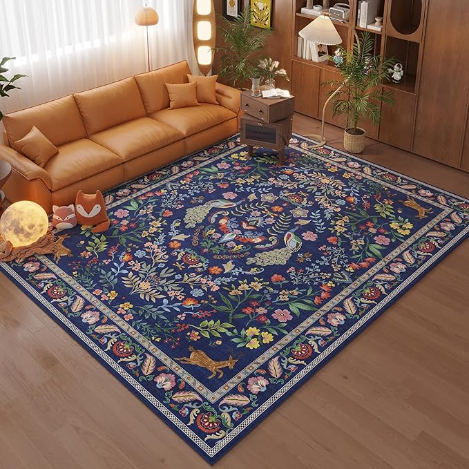 Living Room Rug 5x7 Rug Machine Washable Area Rug Floral Non-Slip Low Pile Large Rugs for Living Room, Bedroom, Farmhouse, Dining Room, Kids Playroom(Blue)