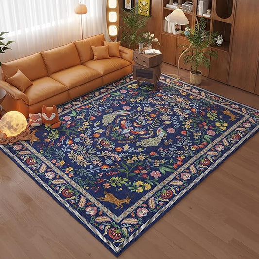 Living Room Rug 5x7 Rug Machine Washable Area Rug Floral Non-Slip Low Pile Large Rugs for Living Room, Bedroom, Farmhouse, Dining Room, Kids Playroom(Blue)