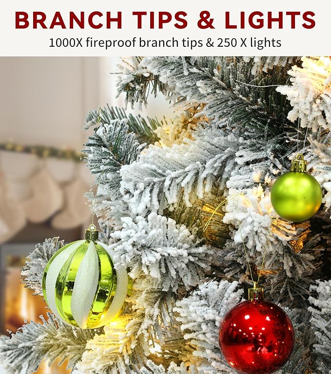 DWVO 6 ft Prelit Snow-Flocked Artificial Pine Christmas Tree, Full Xmas Tree with 250 Lights, 8 Lighting Modes, 1000 Tips, Foldable Base for Home and Party Decor with Remote Control