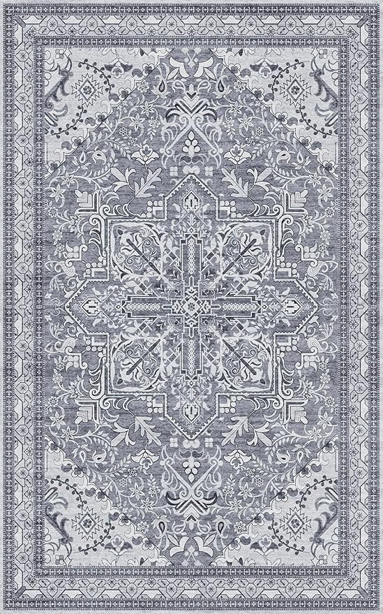 Washable Area Rug 5x8 | Non Slip Area Rug for Living Room, Bedrooms, Dining Room | Ultra-Soft Flannel Carpet Area with Rubber Backing (Frosted Graphite, 5x8)