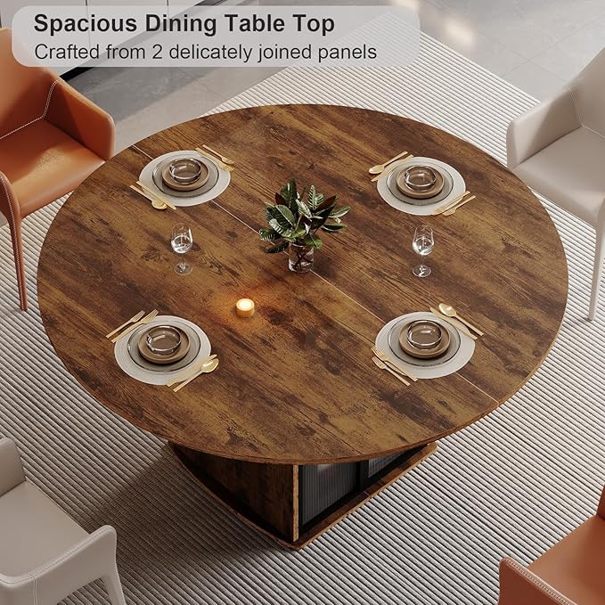 IBF Round Dining Table with Fridge Space, Wood Kitchen Table with Storage Shelf, Rustic Circle Dining Room Tables for 4, Farmhouse Circular Dinner Tables for Home, Rustic Brown, 47 Inch, Only Table