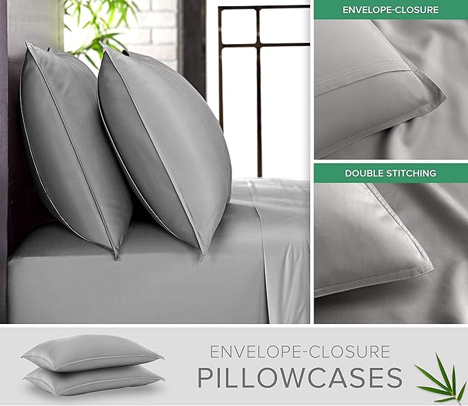 Pure Bamboo Twin Sheets, Genuine 100% Organic Viscose Derived from Bamboo Bed Sheet Set, Luxuriously Soft & Cooling, Double Stitching, 2 Year Quality Promise (Twin, Stone Grey)