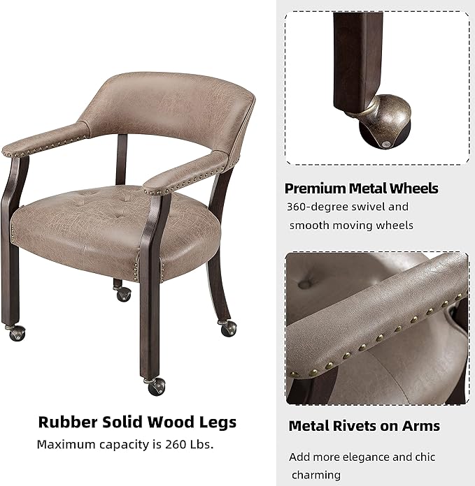 MODERION Solid Wood Boss Caption's Chairs,Dinning Chairs with Wheels and Arms,Office Desk Chairs, Classic Swivel Accent Chairs with Upholstered,Breathing Leather, 31.5¡±H for Living Room Light Brown