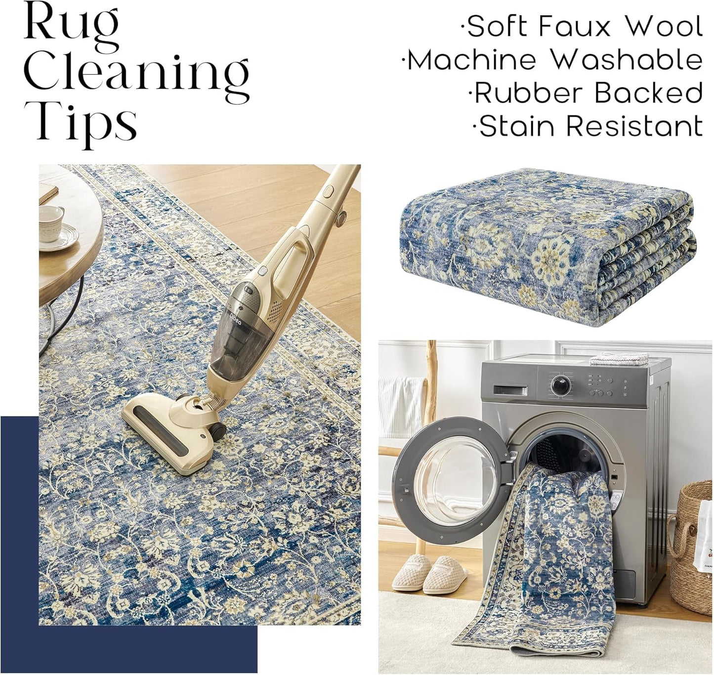 Blue Rug for Bedroom Neutral Boho Farmhouse Floral Washable Soft Faux Wool No Slip Area Rugs for Living Room Home Office,5x8