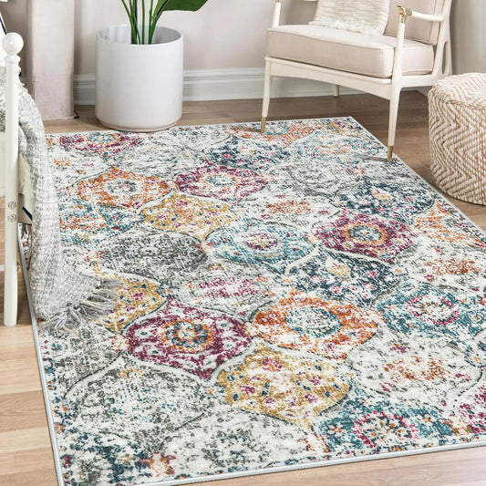 Lahome Moroccan Trellis Washable Small Area Rug, 3x5 Black Rug for Bedroom Living Room, Non-Slip Oriental Accent Throw Carpet for Kitchen Office Entryway Bathroom Office, Aqua/Multi