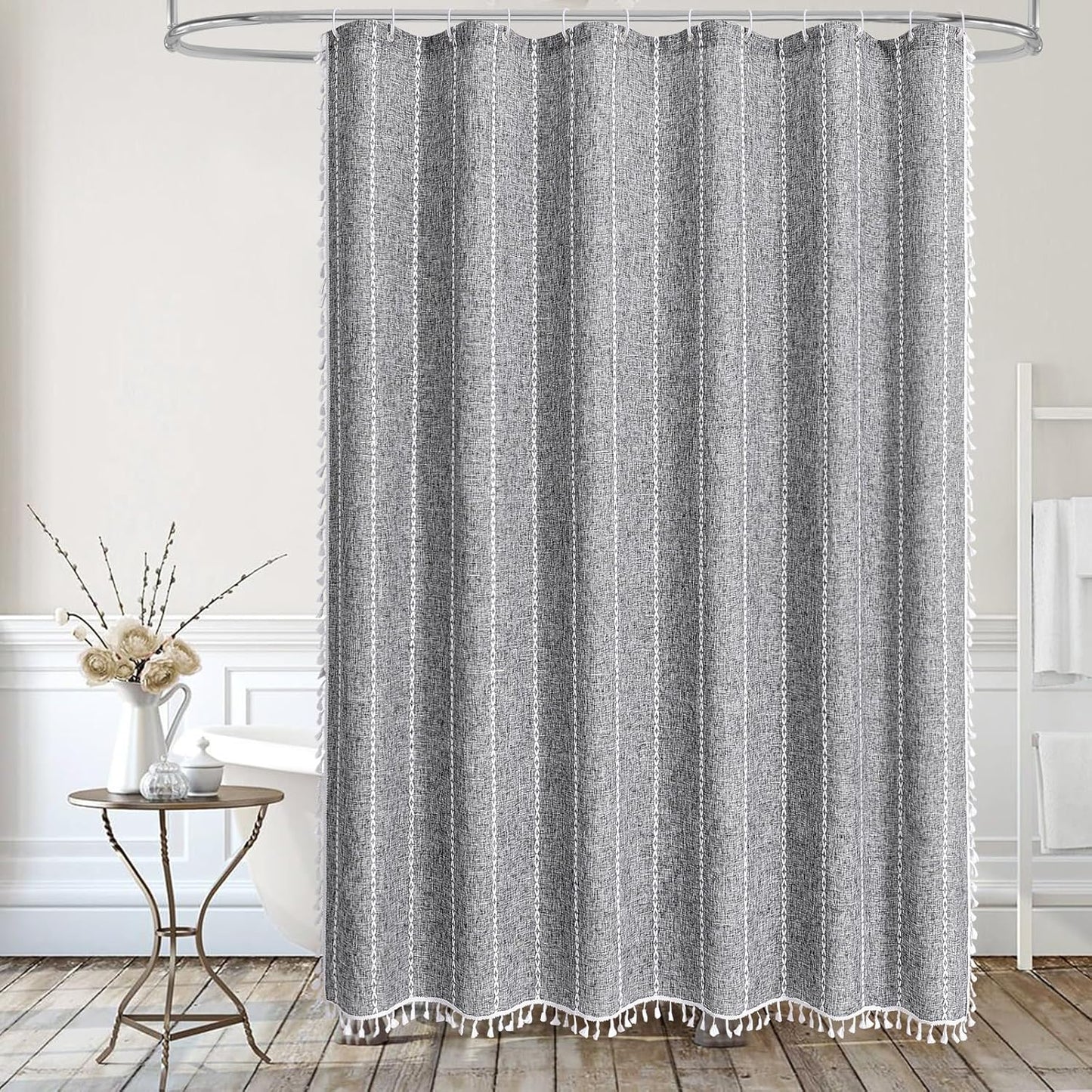 MitoVilla Dark Grey Boho Small Stall Shower Curtain Set 36 x 72, Half Size Narrow Polyester Linen Fabric Shower Curtains for Farmhouse Bathroom Decor, Charcoal Grey