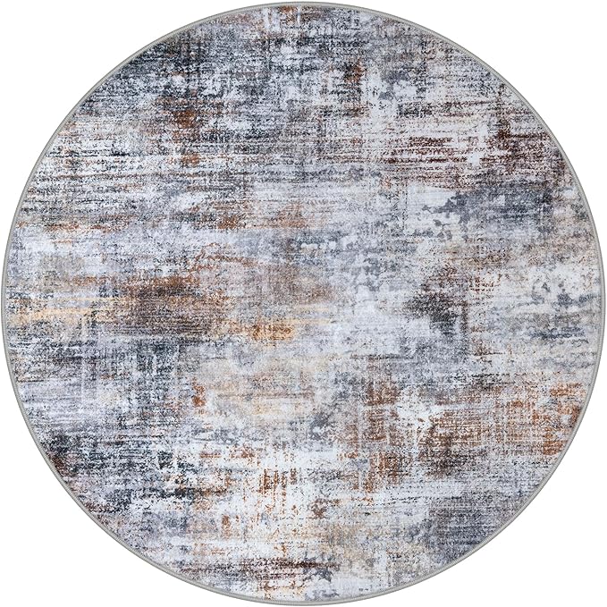 IOHOUZE Abstract Round Area Rug 8 Ft Washable Circle Rugs Large Round Rug Non Slip Thin Soft Circle Rugs, Printed Faux Wool Floor Carpet for Bedroom Living Room Dining Room Nursery, Orange Grey