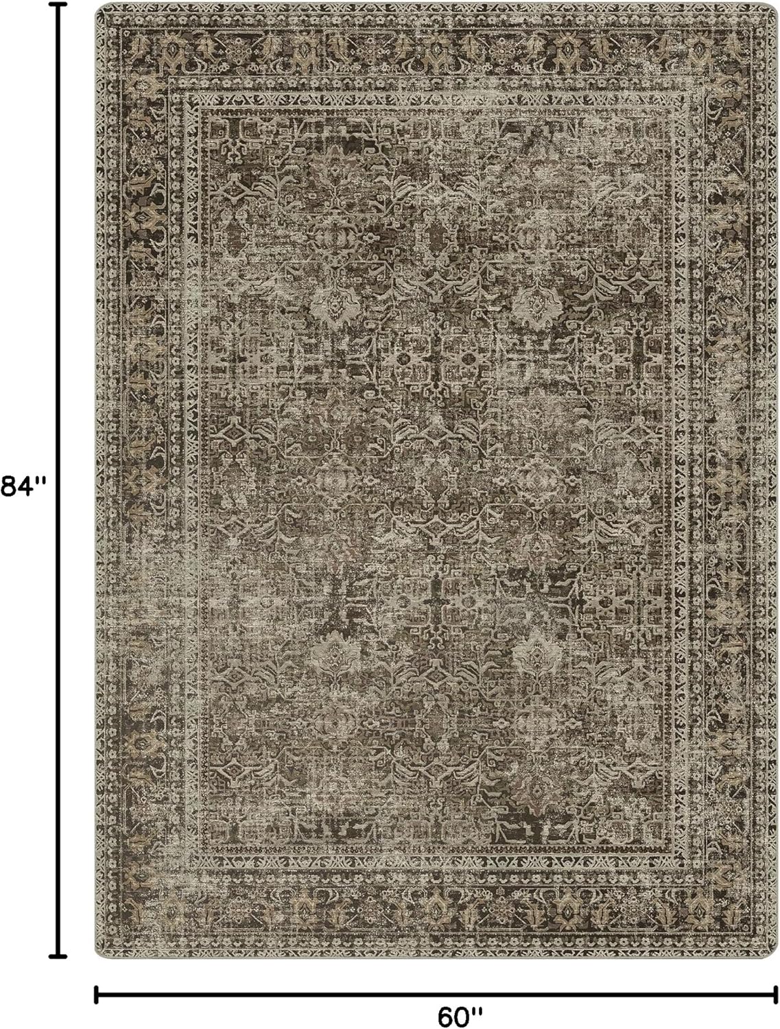 Area Rugs 5x7 for Living Room Bedroom, Vintage Machine Washable Stain Resistant Rug, Soft Low Pile Sage Charcoal Foor Mat with Non Slip Backing for Dining Room