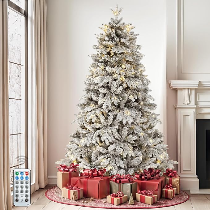 DWVO 7.5ft Pre-Lit Snow Flocked Artificial Christmas Tree, Luxurious Canaan Fir Design with 1687 PE & PVC Branch Tips, 330 Lights for Colorful Home and Office Holiday Decoration with Remote Control