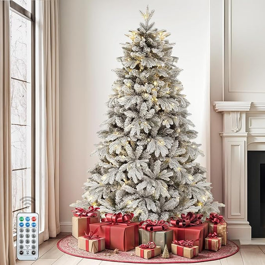 DWVO 7.5ft Pre-Lit Snow Flocked Artificial Christmas Tree, Luxurious Canaan Fir Design with 1687 PE & PVC Branch Tips, 330 Lights for Colorful Home and Office Holiday Decoration with Remote Control