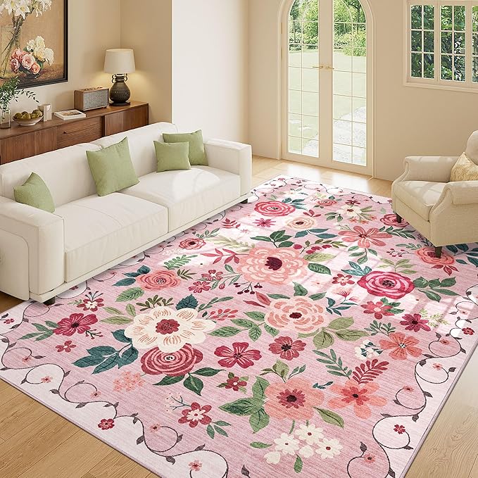 DUKINO 8x10 Area Rug, Floral Rugs for Living Room, Lightweight Non Slip Washable Rug, Indoor Low Pile & Non-Shedding Boho Design Rugs for Bedroom, Living Room, Dining Room, Pink