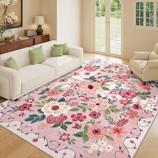 DUKINO 8x10 Area Rug, Floral Rugs for Living Room, Lightweight Non Slip Washable Rug, Indoor Low Pile & Non-Shedding Boho Design Rugs for Bedroom, Living Room, Dining Room, Pink