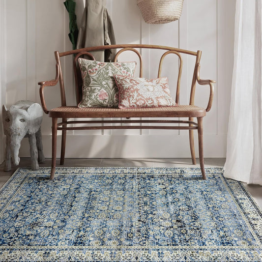Blue Vintage Design Floral Area Rug Distressed Carpet 3x5 Cover Print Multi Rug Kitchen Living Room Bedroom Dining Room