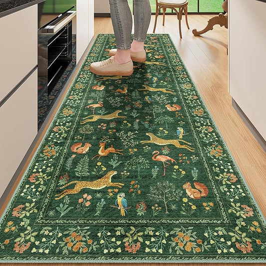 DUKINO 2x6 Rug for Hallway, Washable Kitchen Runner Rug with Non Slip Backing, Soft Low Pile Vintage Animal Runner for Bedroom, Kitchen, Hallway, Entryway, Laundry, Green