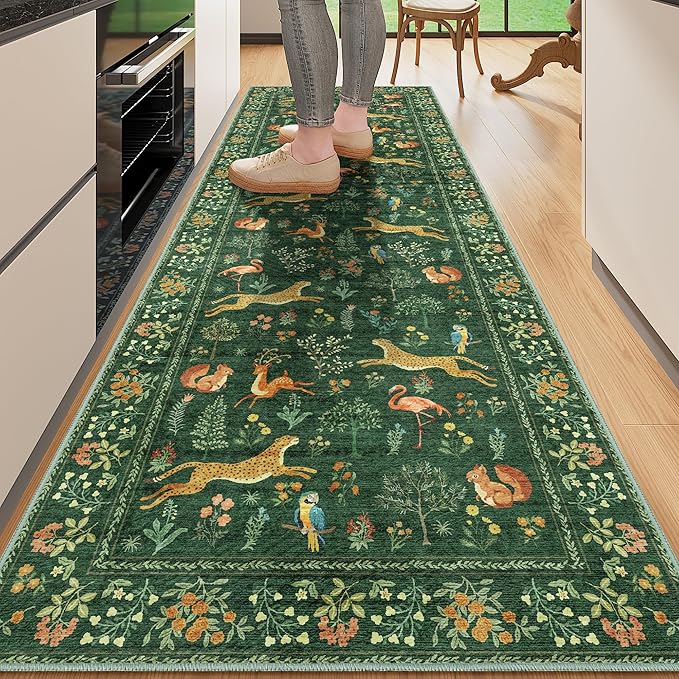 DUKINO 2.6x8 Rug for Hallway, Washable Kitchen Runner Rug with Non Slip Backing, Soft Low Pile Vintage Animal Runner for Bedroom, Kitchen, Hallway, Entryway, Laundry, Green