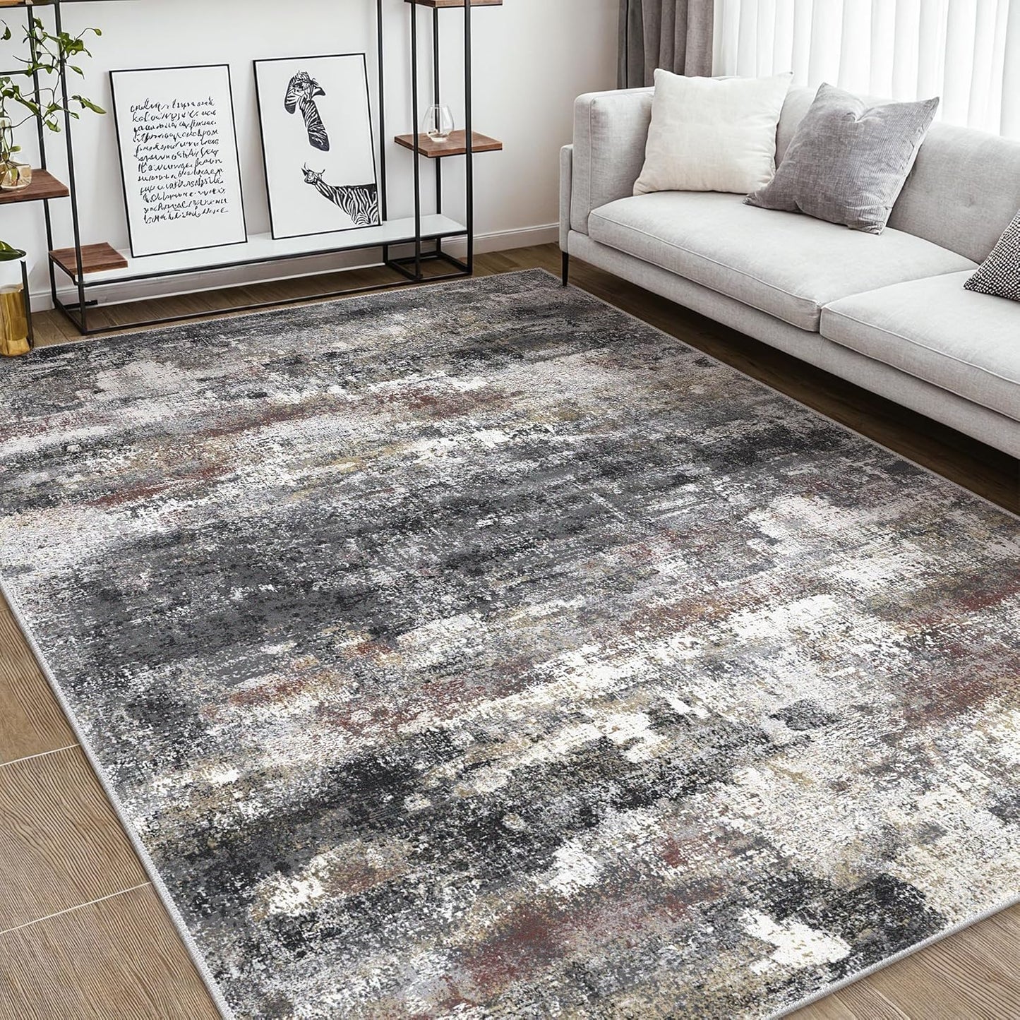 Area Rugs 10x14 for Living Room Bedroom, Modern Abstract Machine Washable Large Dark Gray Rug, Soft Low Pile Floor Carpet with Non Slip Backing for Dining Room