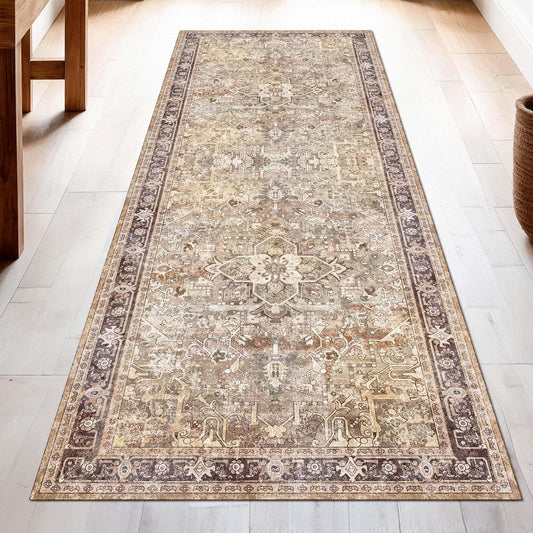 Washable Runner Rug 2x6 | Non Slip Rug Runners for Hallways, Entryways, Kitchens, Bathrooms, Bedrooms | Ultra-Soft Flannel Carpet Runners with Rubber Backing (Olive Brown, 2x6)