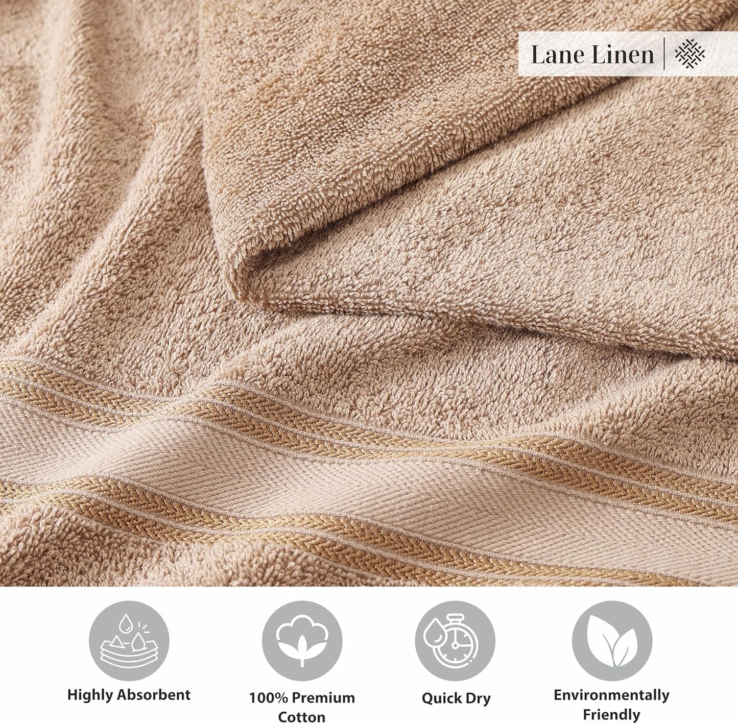 LANE LINEN 100% Cotton Bath Towels Set of 4 (28"x54") - Zero Twist, Cotton Bathroom Towel Sets - Quick Dry, Highly Soft & Absorbent Large Shower Towels for Bathroom - Sustainabaly Produced - Taupe