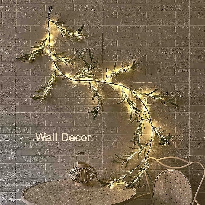LITBLOOM Lighted Olive Garland Battery Operated with Timer 96 Fairy Lights 6FT, Artificial Greenery Twig Vine Lights for Christmas Spring Fireplace Mantle Decoration Indoor Outdoor