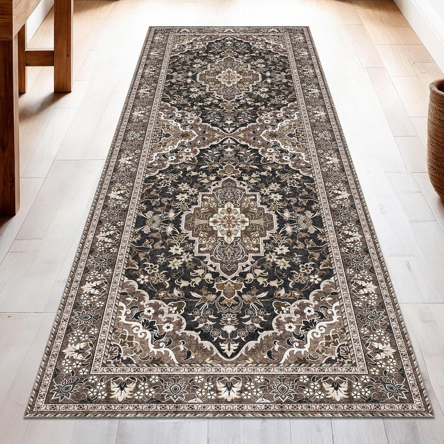 Washable Runner Rug 2x8 | Non Slip Rug Runners for Hallways, Entryways, Kitchens, Bathrooms, Bedrooms | Ultra-Soft Flannel Carpet Runners with Rubber Backing (Black Brown, 2x8)