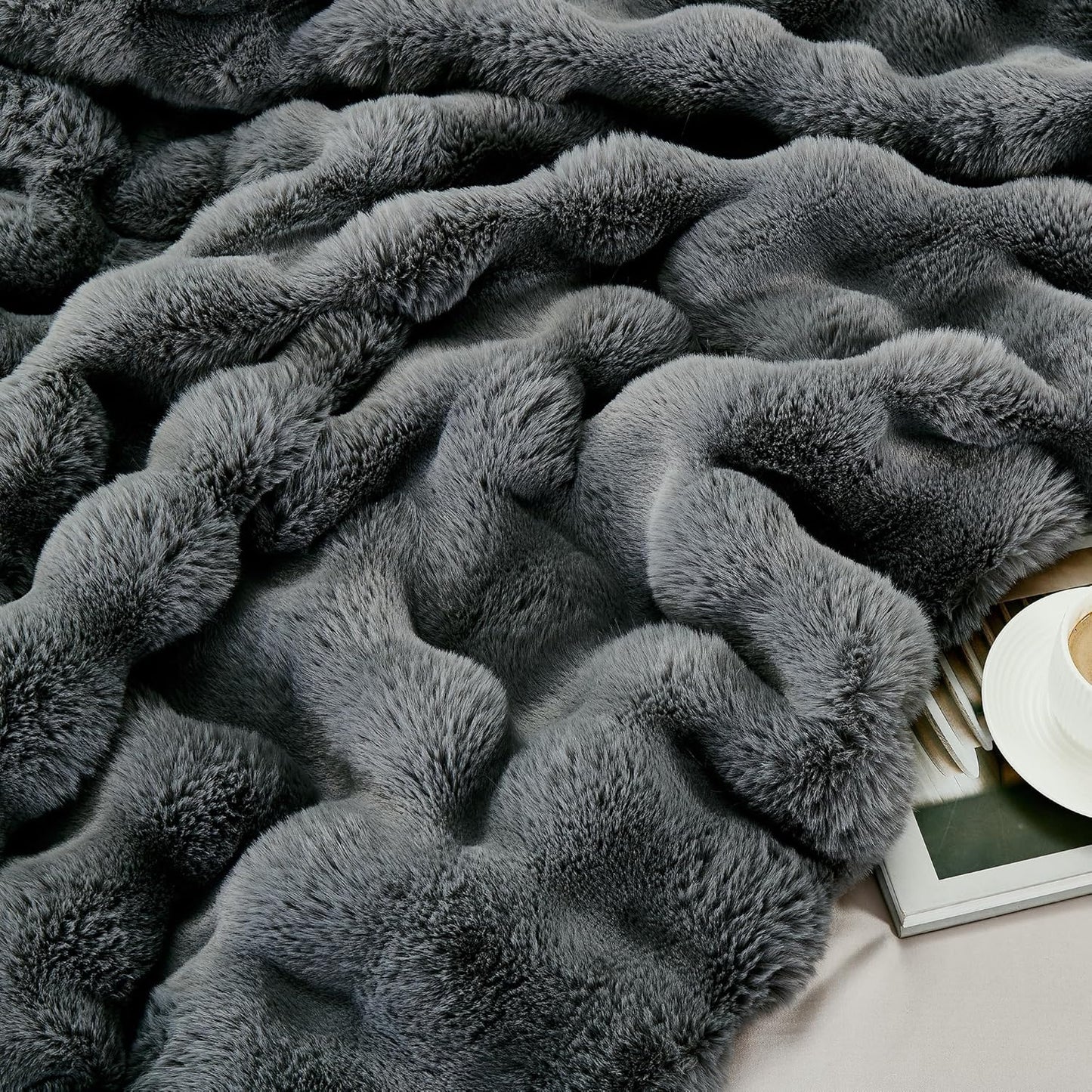 JONIYEAR Solid Thick Fuzzy Bubble Faux Rabbit Fur Blanket Twin Size 60" x 70", Decorative Bumpy Cute Cozy Fluffy Gray Warm Blanket for Winter, Oversized Reversible Poofy Comfy Shag Furry Throw, Grey
