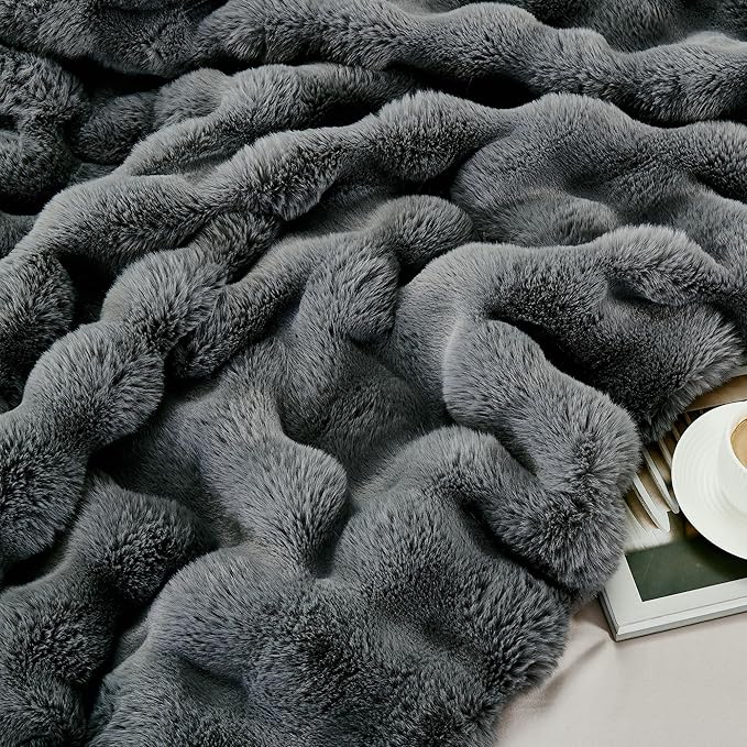 JONIYEAR Solid Thick Bubble Faux Rabbit Fur Throw Blanket 50" x 60", Decorative Bumpy Cute Cozy Fluffy Gray Warm Blanket for Winter,Reversible Luxe Fuzzy Textured Poofy Comfy Shag Furry Blankets, Grey