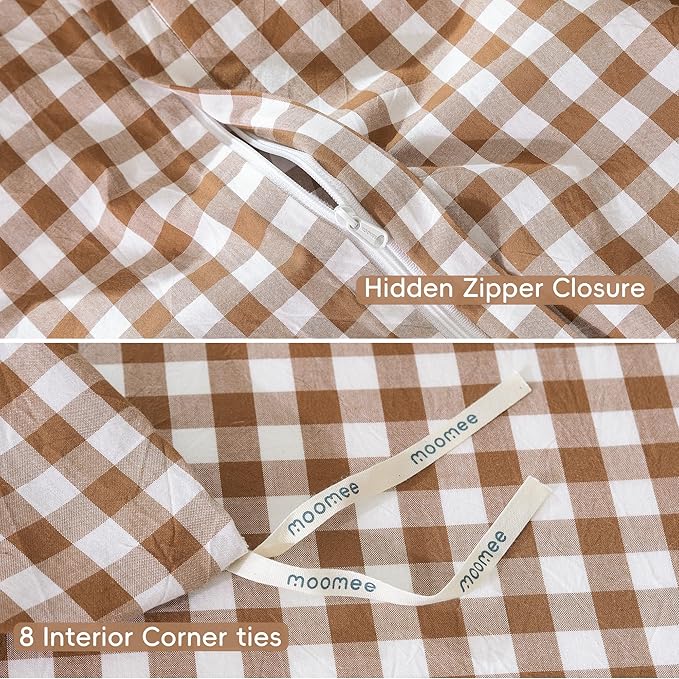 MooMee Gingham Duvet Cover Set 100% Washed Cotton Linen Like Textured Breathable Durable Soft Comfy Modern Checkered Design (Dark Orange Gingham, Full 80"x90")