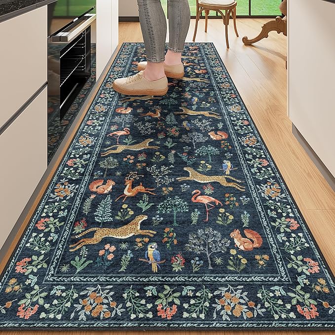 DUKINO 2.6x8 Rug for Hallway, Washable Kitchen Runner Rug with Non Slip Backing, Soft Low Pile Vintage Animal Runner for Bedroom, Kitchen, Hallway, Entryway, Laundry, Navy Blue