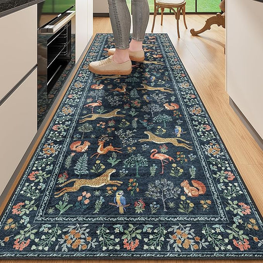 DUKINO 2.6x8 Rug for Hallway, Washable Kitchen Runner Rug with Non Slip Backing, Soft Low Pile Vintage Animal Runner for Bedroom, Kitchen, Hallway, Entryway, Laundry, Navy Blue